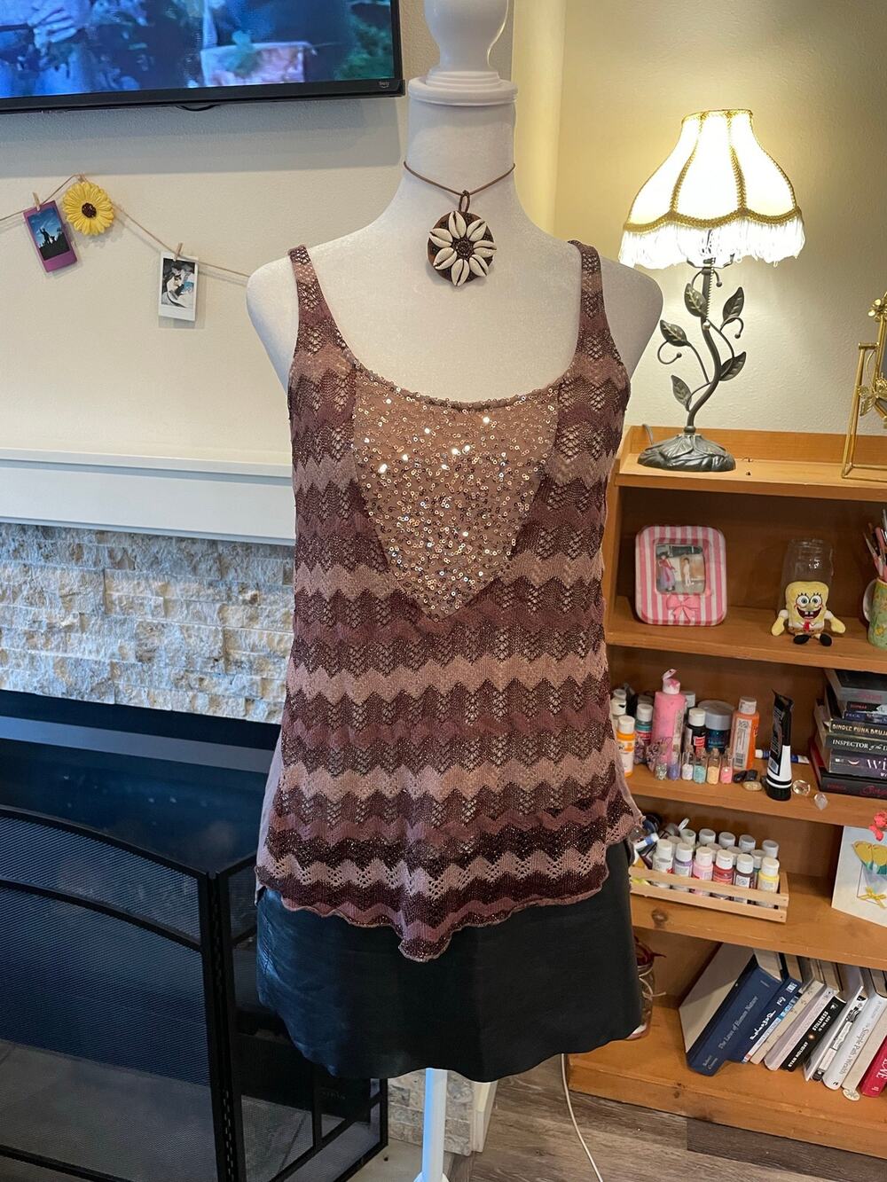 vintage anthropologie tiny chevron and sequin brown tank top